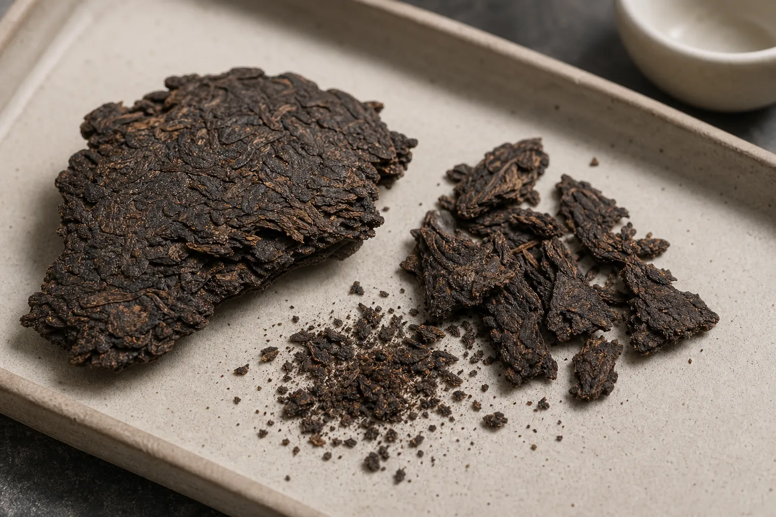 Dark tea brick flakes, chips, and crumbs separated to show different extraction behavior