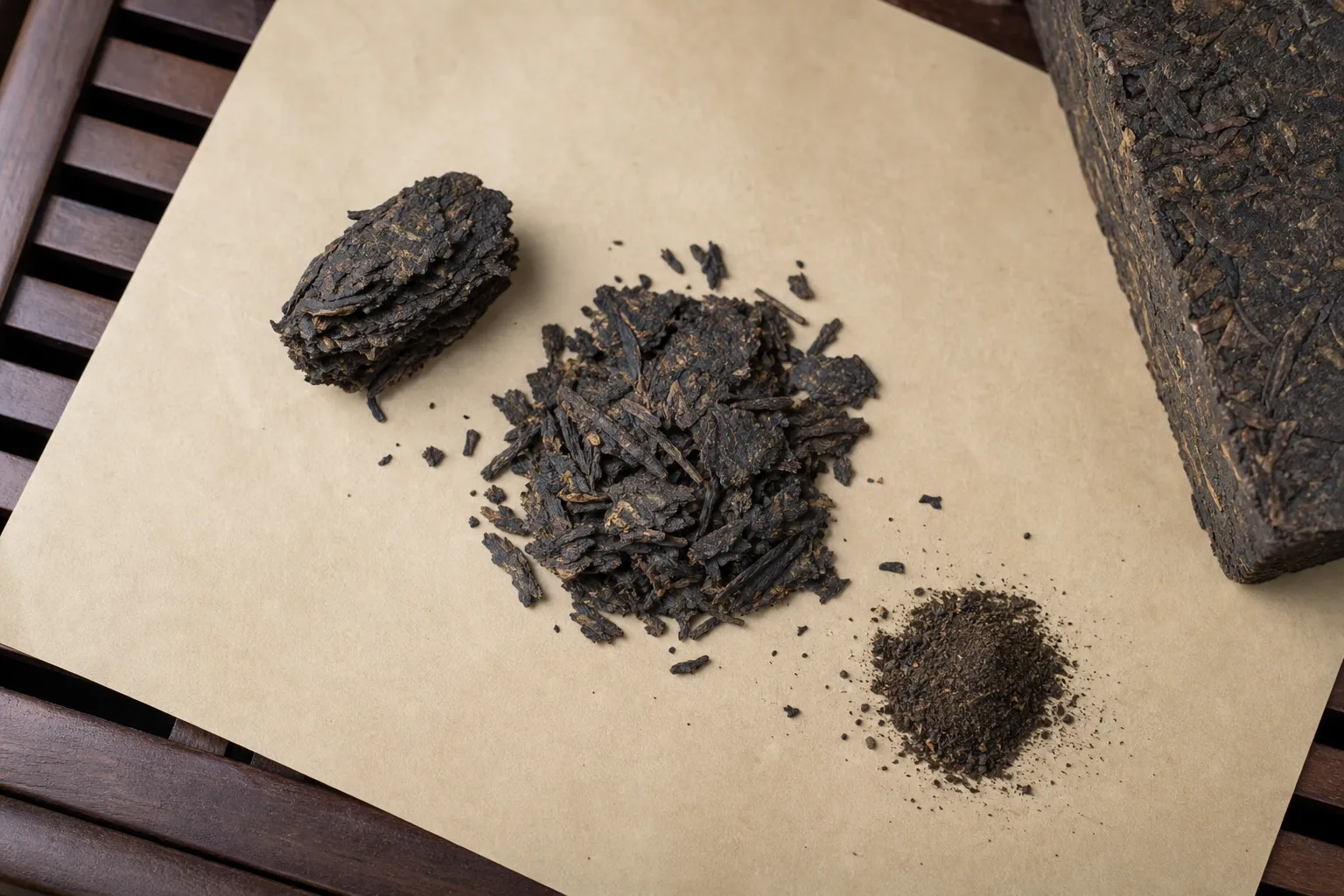 A layered dark tea chunk separated from flakes and fine dust after prying a brick