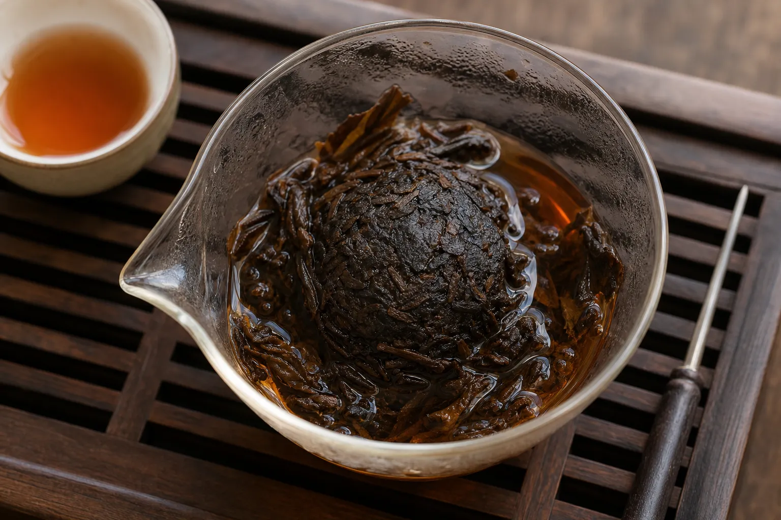 Compressed dark tea after rinsing with loosened layers and amber liquor in a brewing vessel