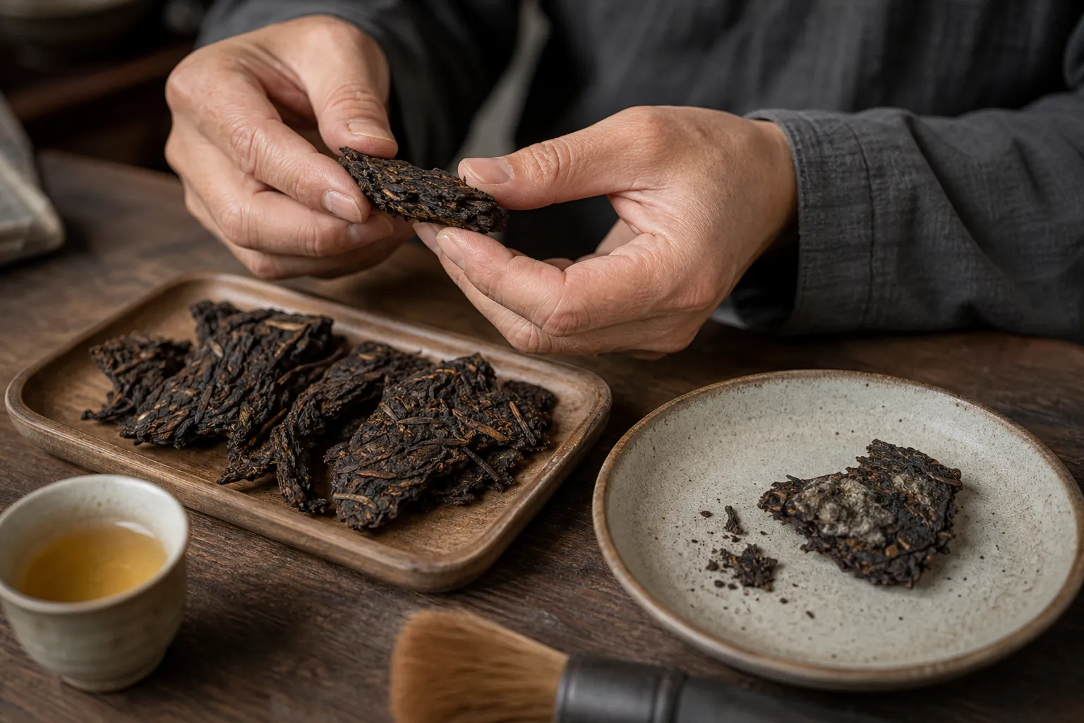 Dark tea pieces being inspected for clean aged aroma versus questionable storage signs