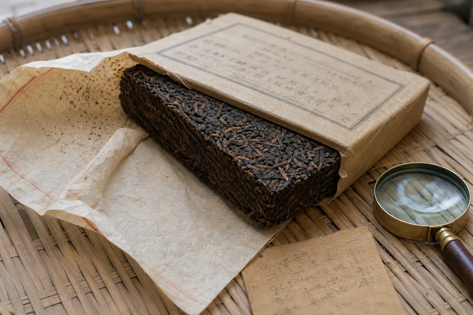 Dark tea wrapper, side profile, back label, and tea surface shown together to check storage and packaging clues