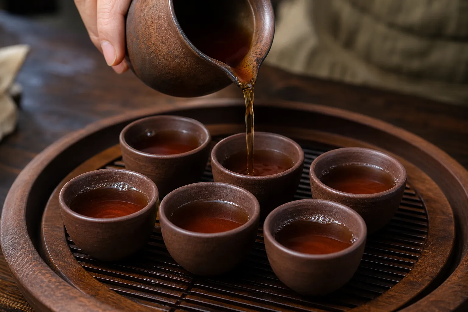 Dark tea being poured in rounds into several small cups so each guest receives an even share of the infusion