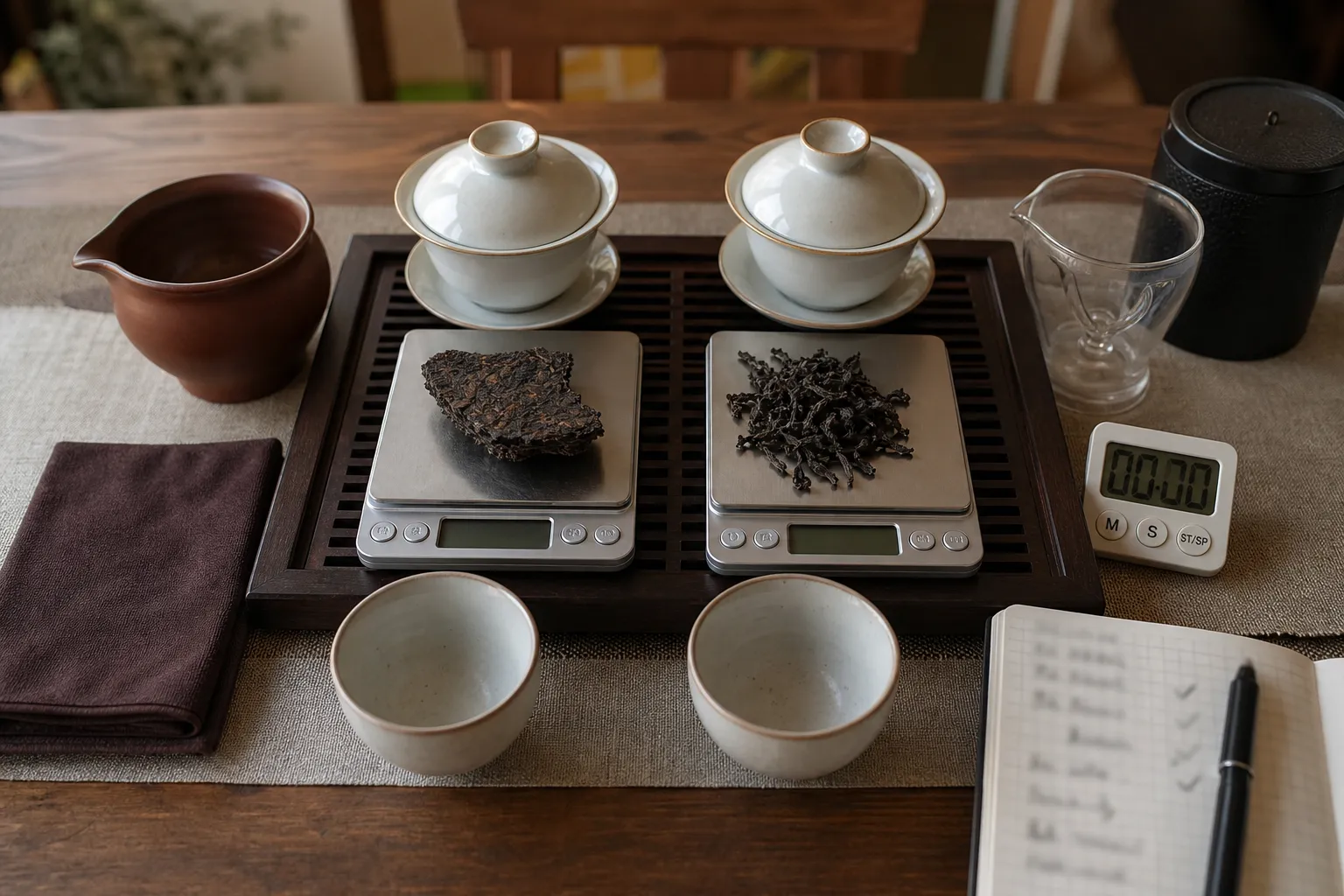 Side-by-side brewing setup for weighing Hunan dark tea and Guangxi Liu Bao