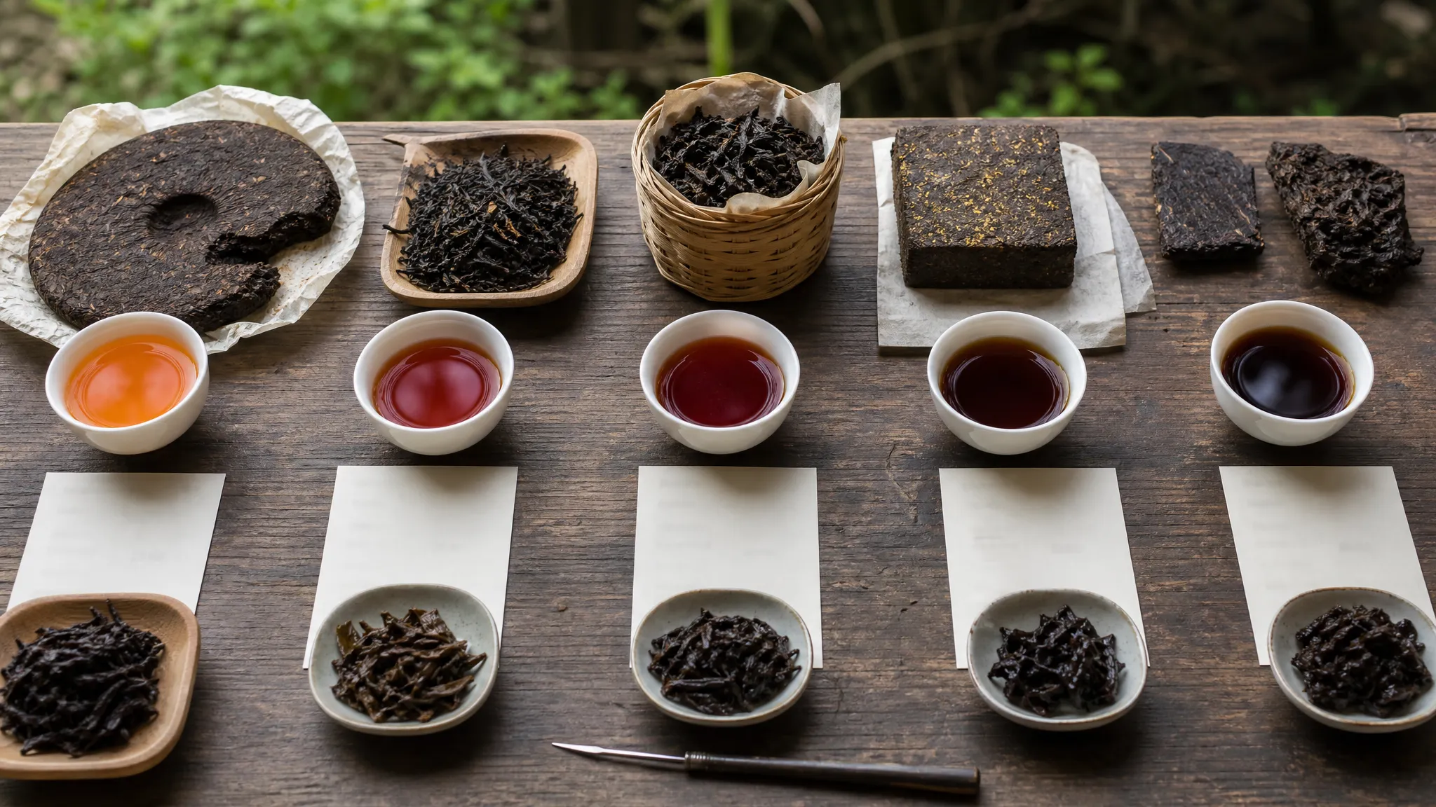 Major dark tea examples arranged to compare compressed forms, loose leaves, brewed cups, and aroma notes