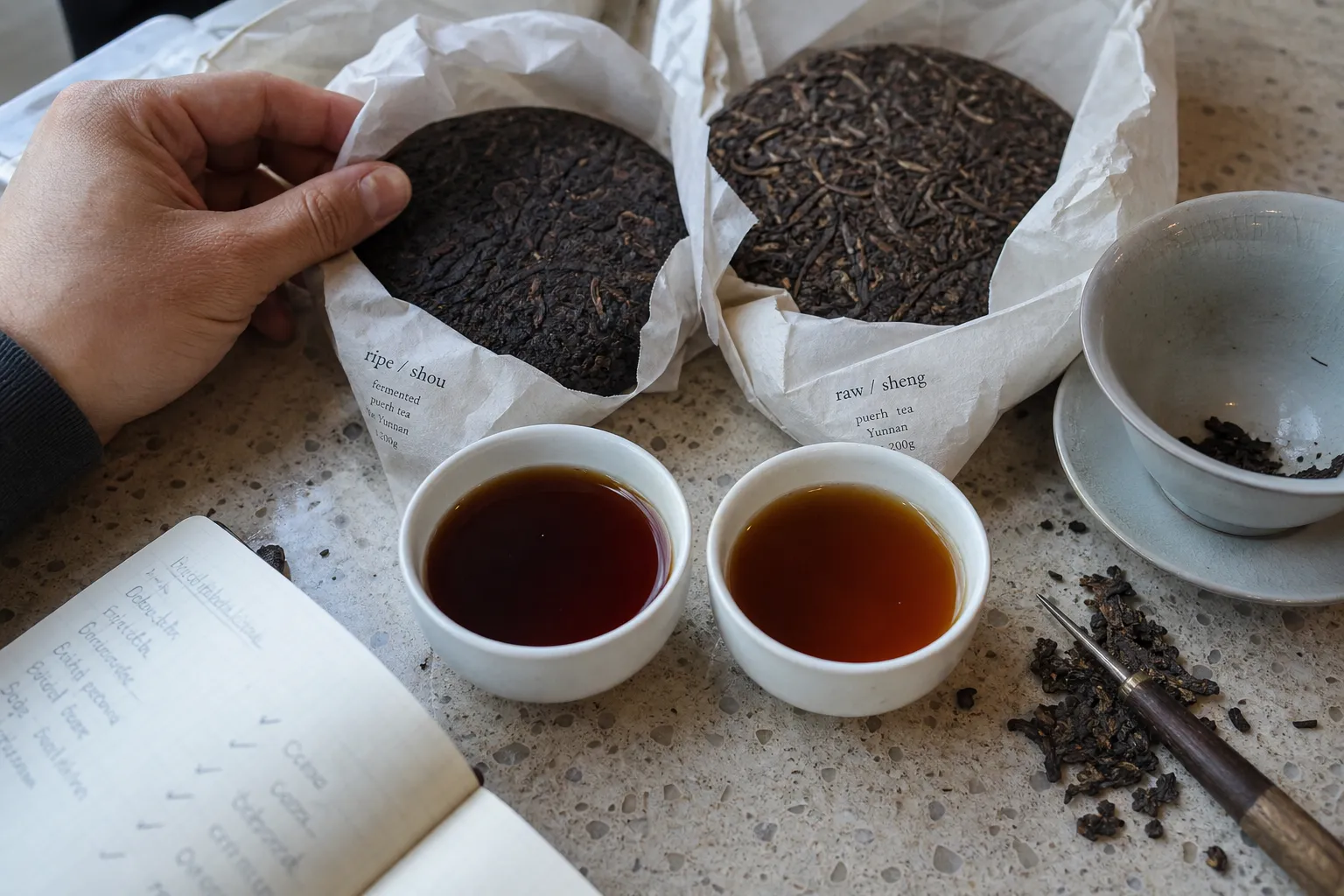 Pu-erh cake labels and brewed cups used to distinguish ripe and raw tea