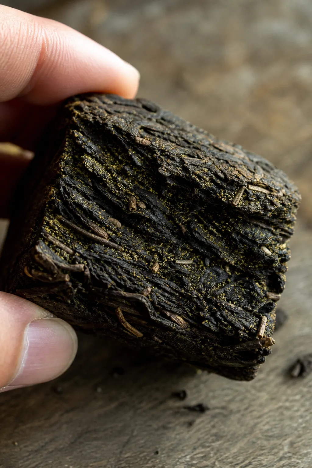 Broken Fu brick tea edge showing leaf, stem, and small yellow-gold Golden Flower specks used as a visual cue