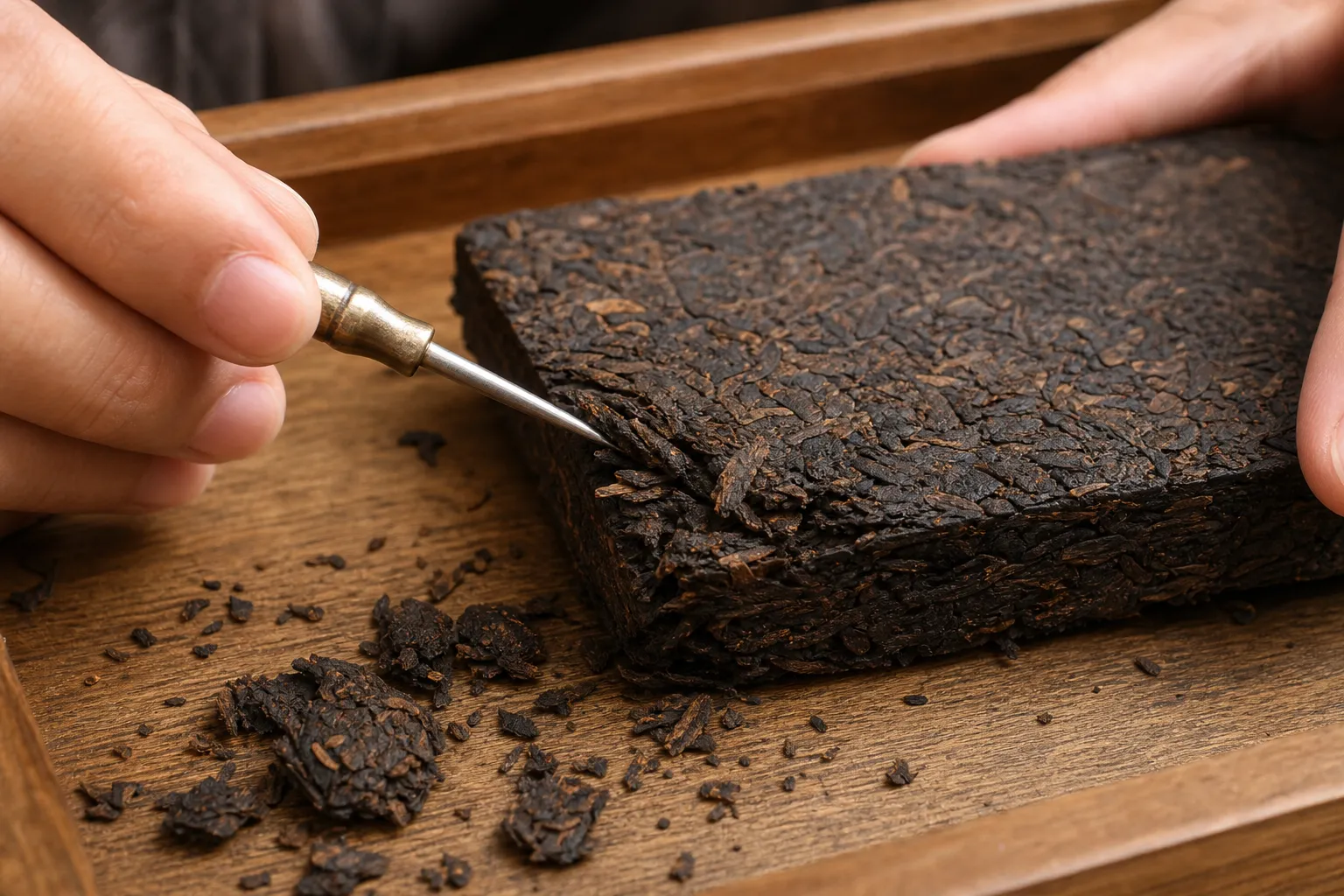 A tea pick loosening flakes from the edge of a compressed dark tea brick