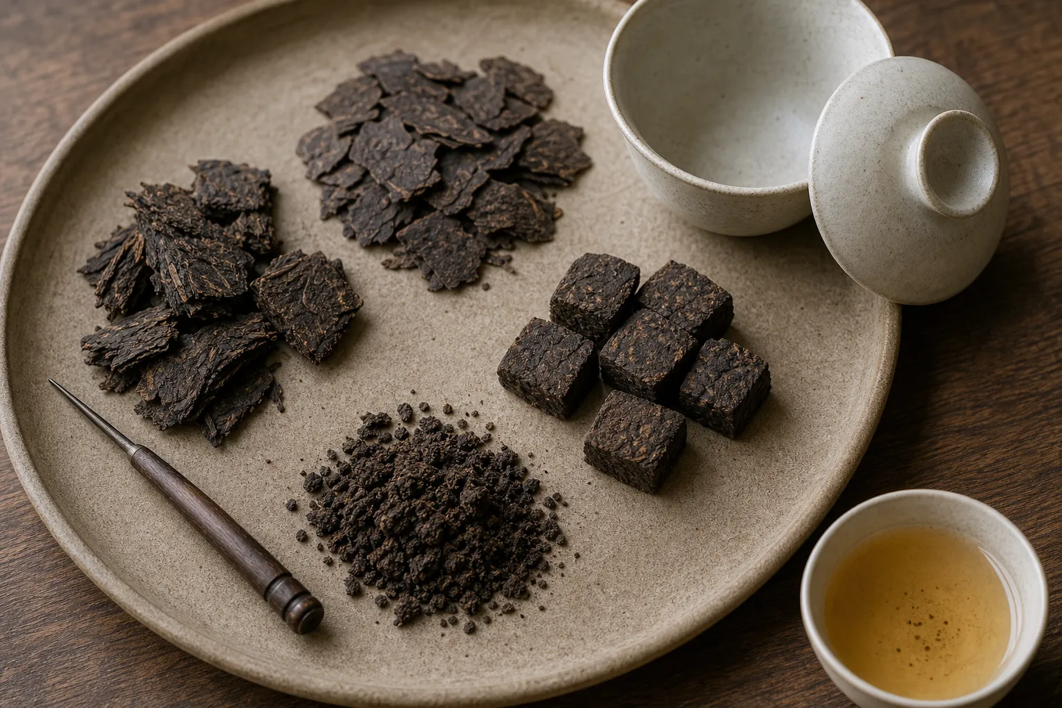 Thin flakes, small layered chunks, dense cubes, and powdery broken bits of dark tea prepared for brewing