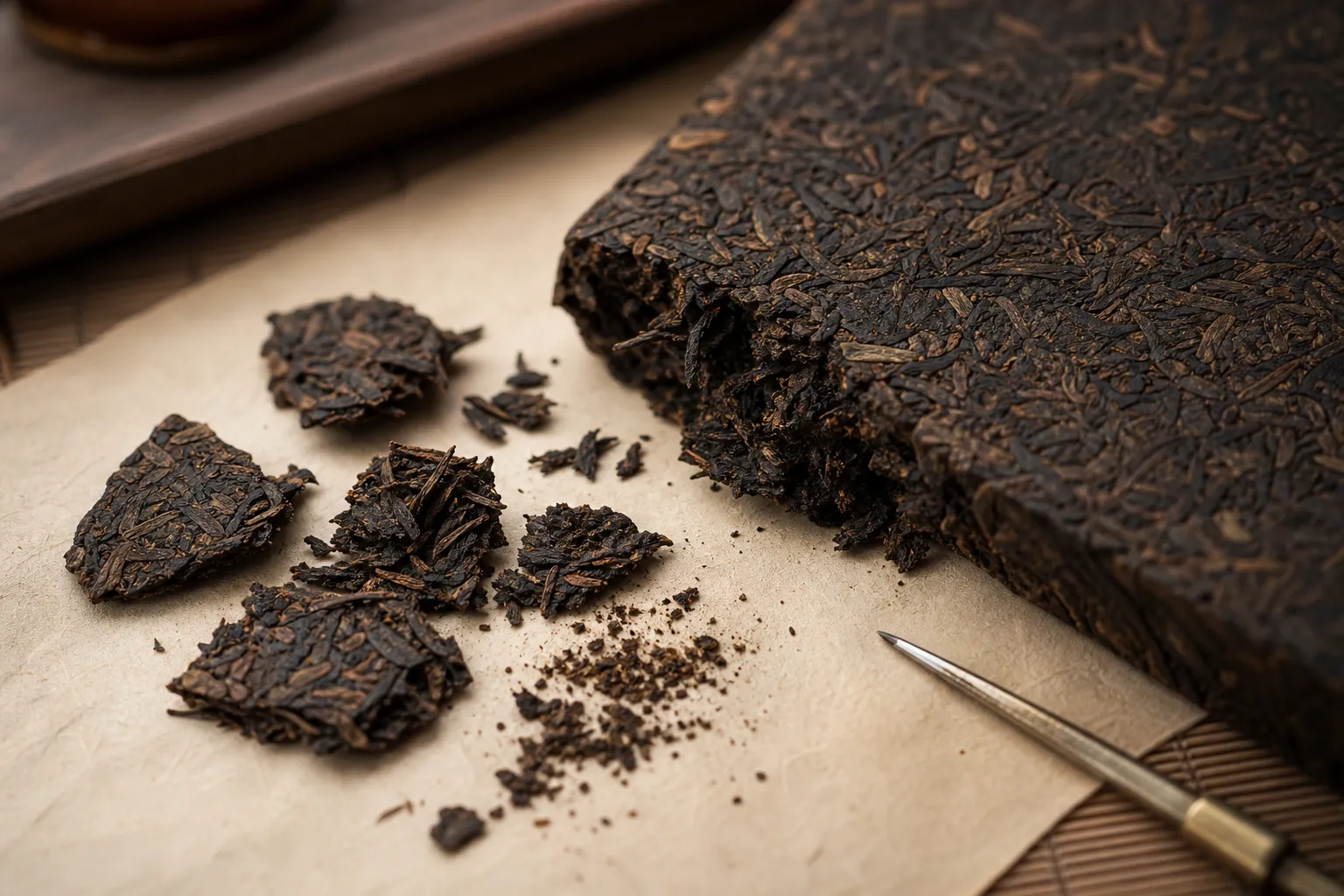 A controlled dark tea brick portion loosened from the edge with larger pieces separated from fine dust