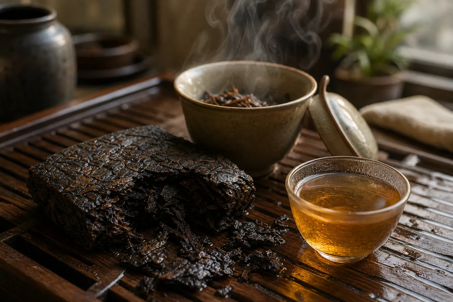 Broken dark tea brick piece loosening beside amber tea liquor after early infusions