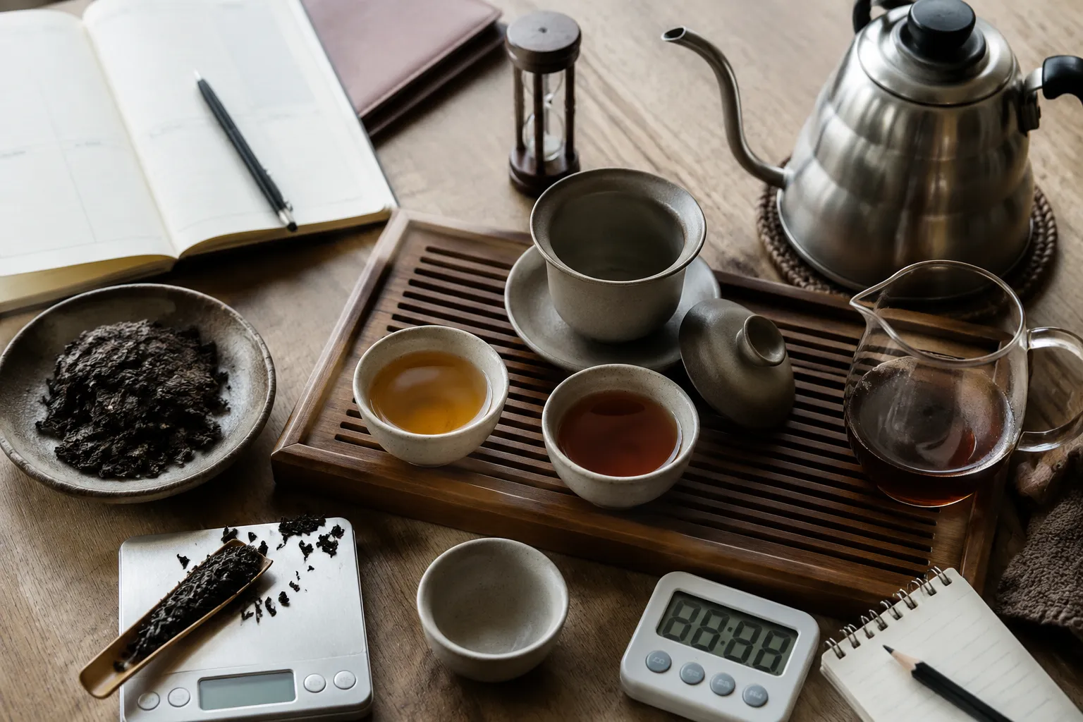 Dark tea leaves, vessel, and amber liquor arranged to show extraction controls