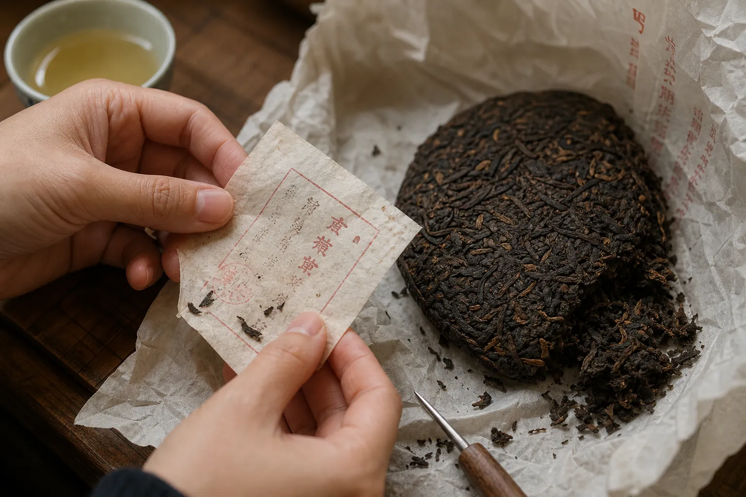 Hands checking a loose pu-erh inner ticket beside a wrapped cake and exposed compressed leaves