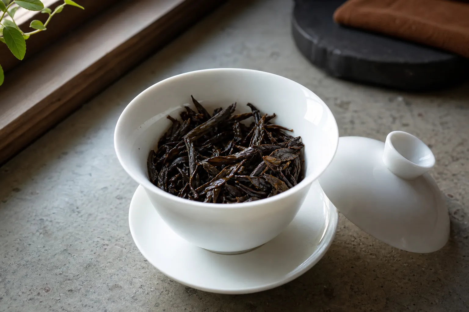Drained damp dark tea leaves resting in a clean brewing vessel between sessions