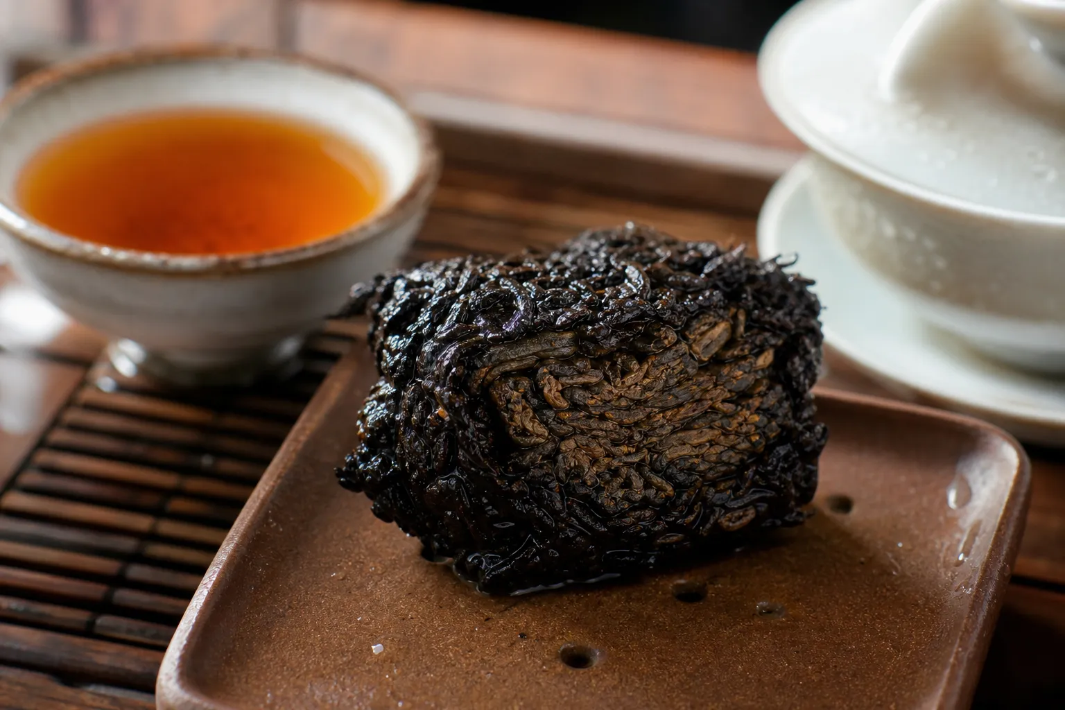 Wet compressed dark tea beginning to loosen after a rinse with amber rinse liquor nearby