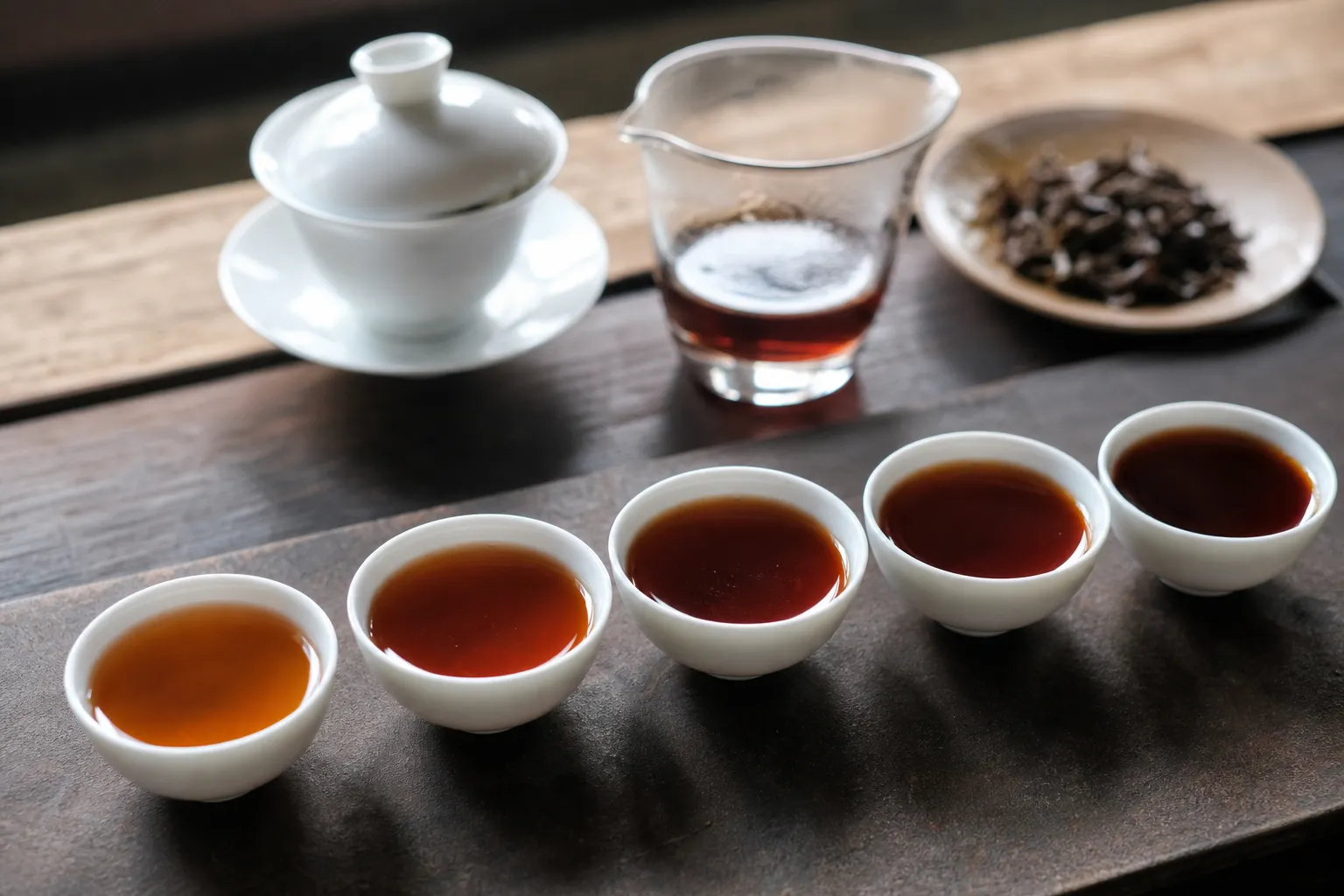 Several small cups of dark tea liquor from early gongfu infusions showing changes in clarity and depth.