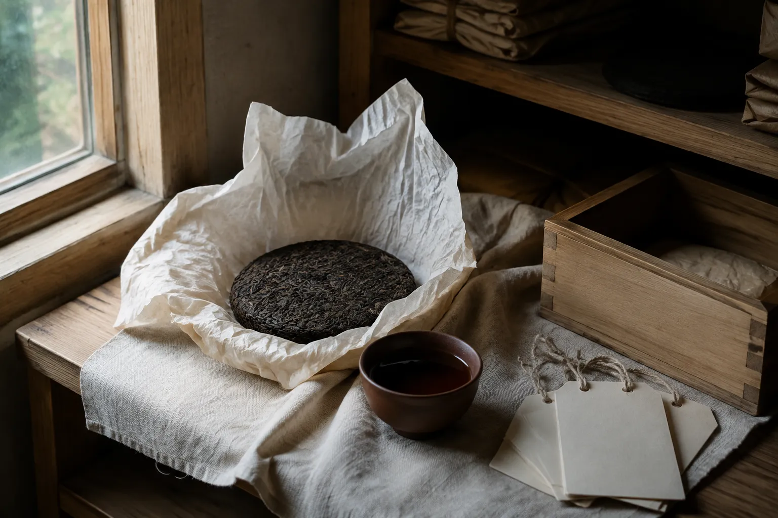 Dark tea cake and brewed cup near simple storage materials showing how aroma, packaging, airflow, and light affect everyday interpretation