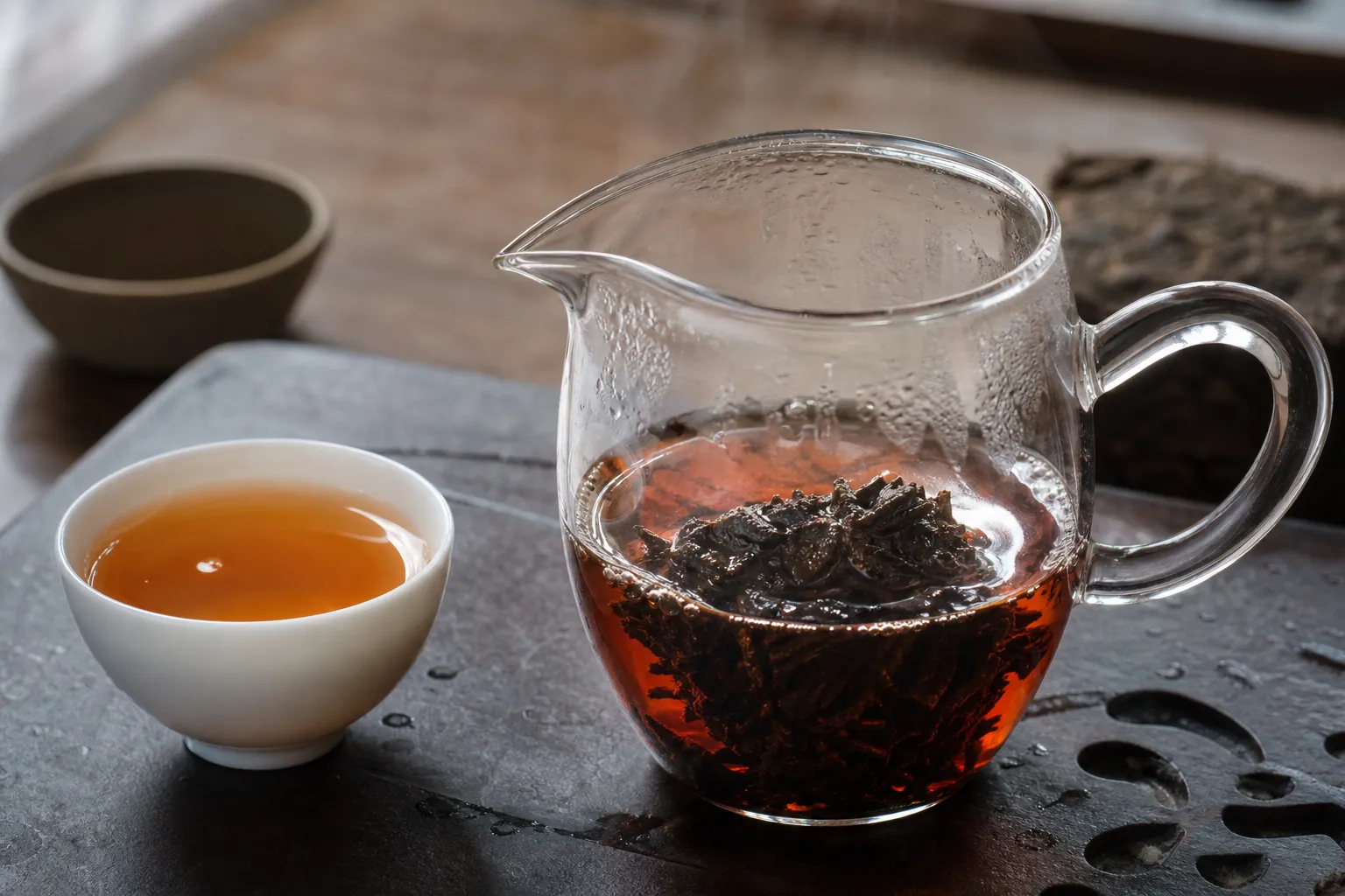A small piece of Qingzhuan tea brick brewing with orange-red liquor and loosened dark leaves