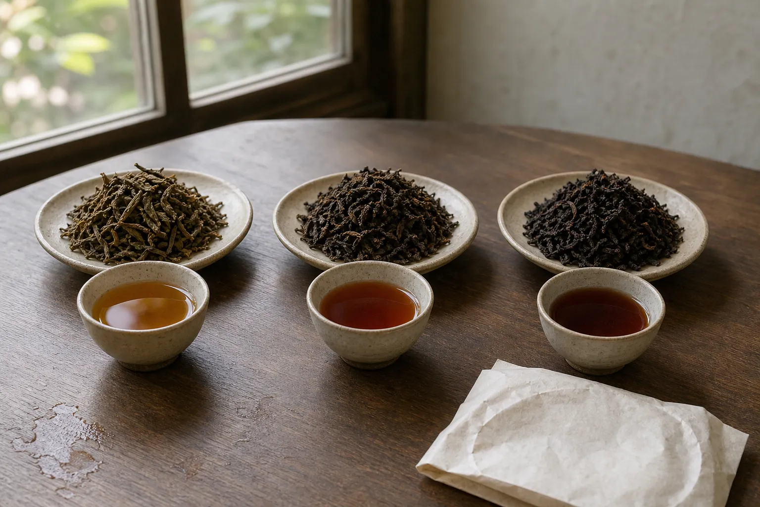 Dry Pu-erh leaves and brewed cups used to cross-check raw and ripe label clues