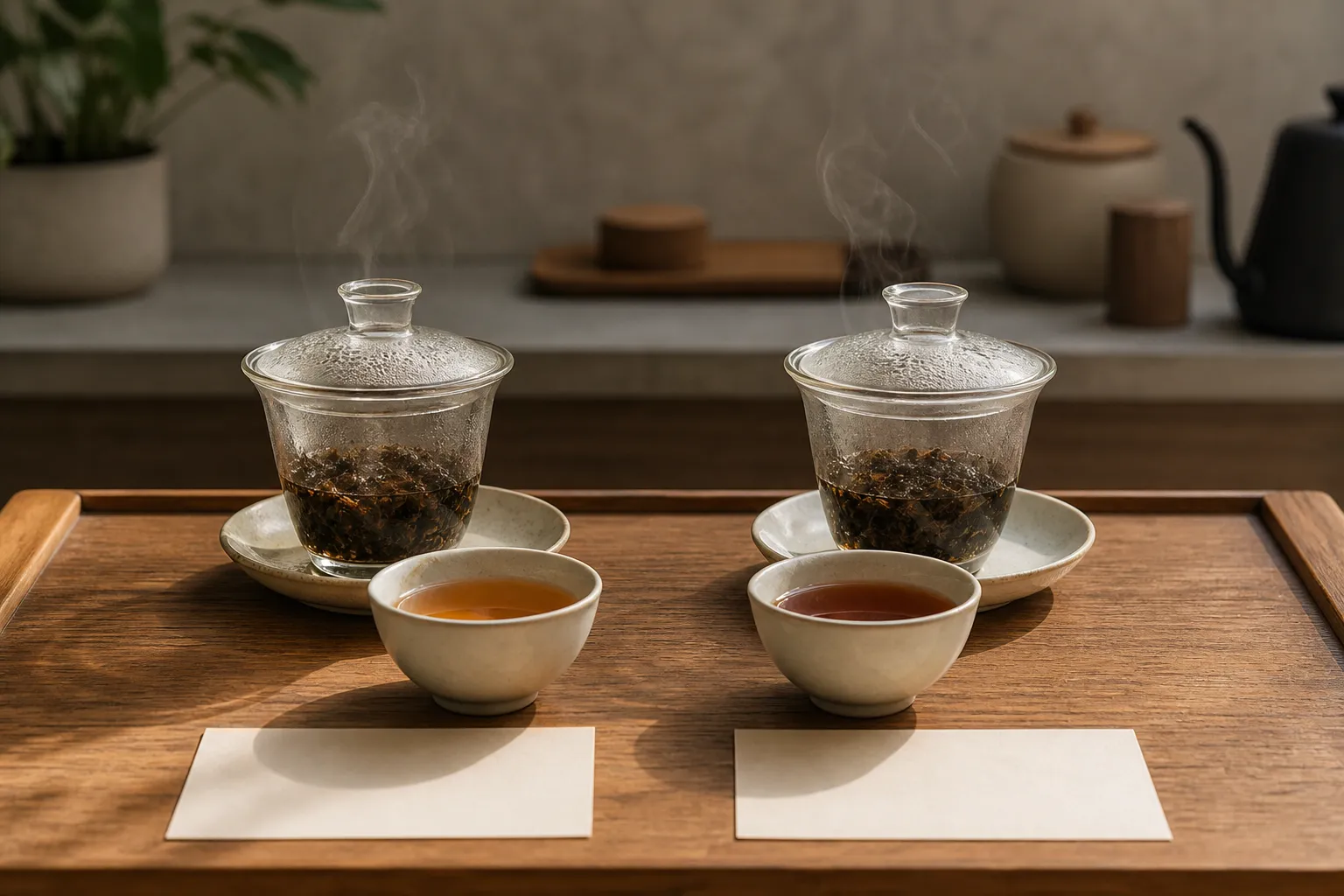 Two dark teas brewed side by side in the same vessel setup to compare color, aroma, and finish
