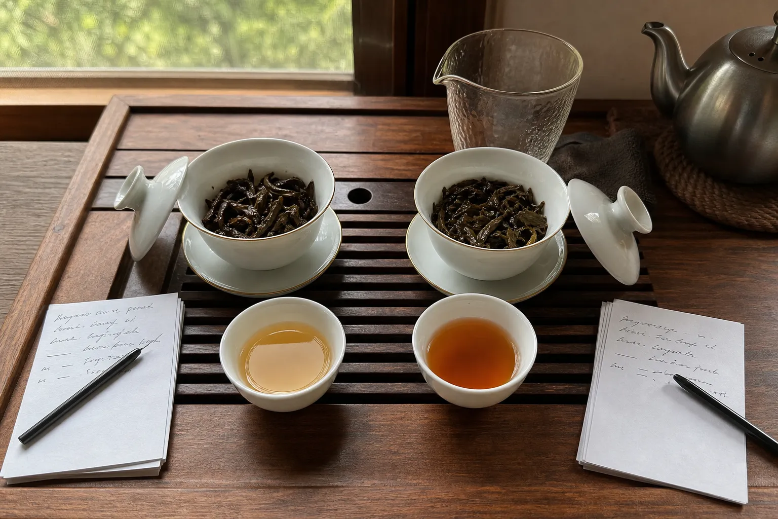 Two dark tea preparations comparing a brief rinse with a first drinkable infusion