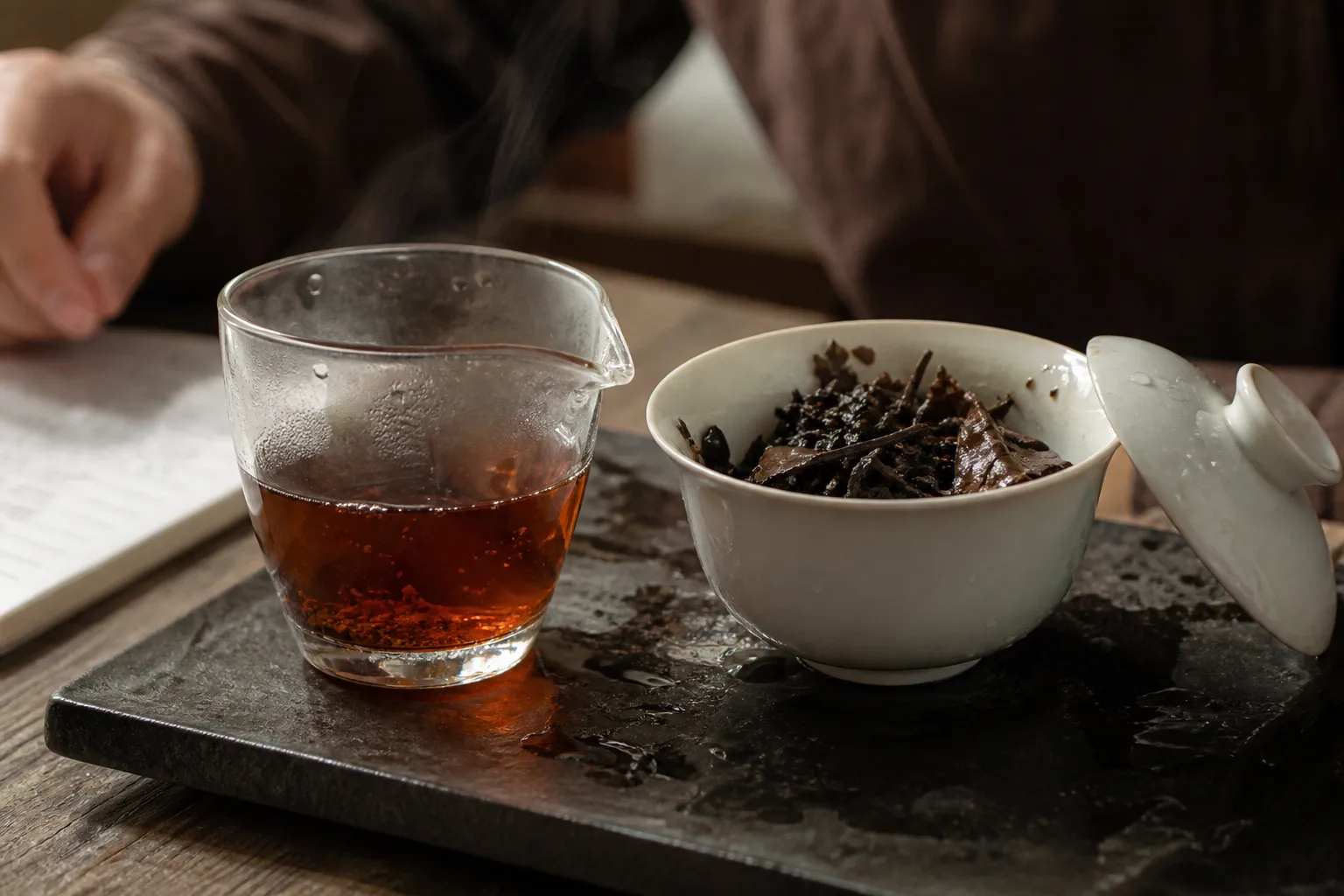 Rinse liquor from dark tea showing color and particles as clues for the next infusion