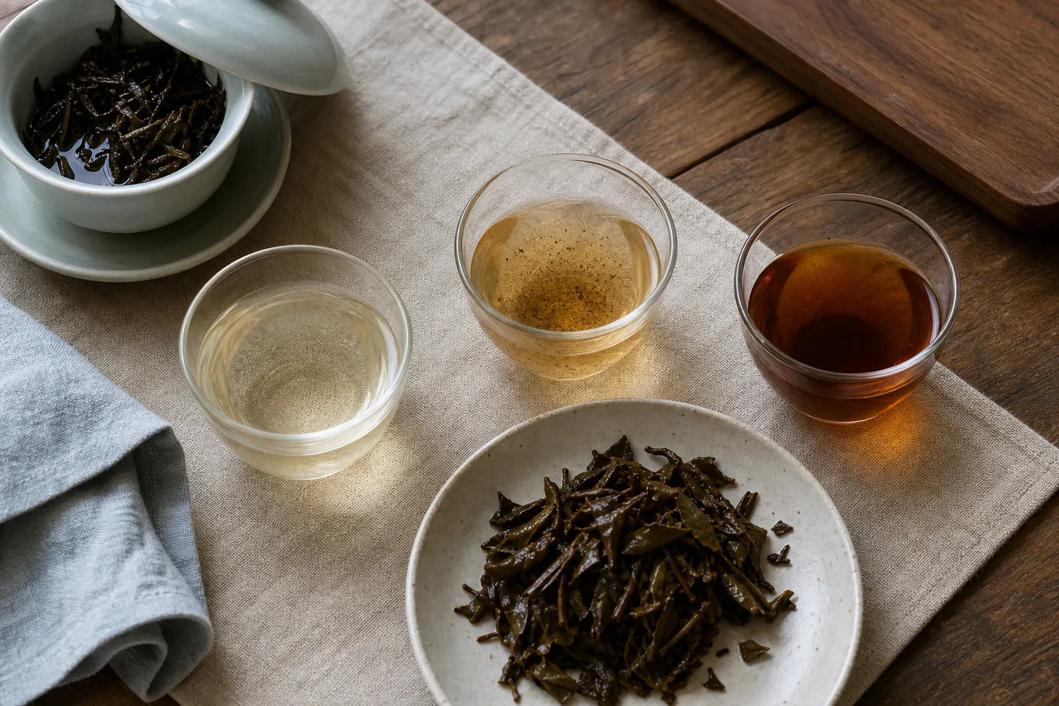 Dark tea rinse water in small cups showing pale, cloudy, and darker liquor beside wet leaves