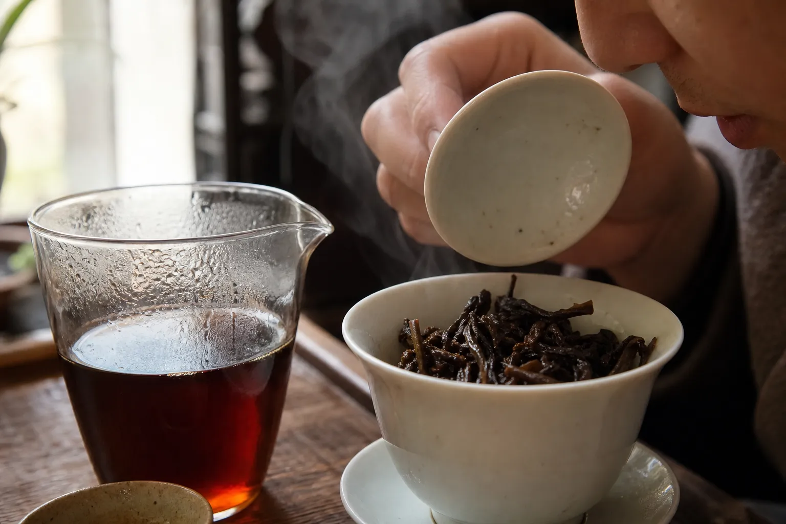 Wet ripe Pu-erh leaves after a rinse used to judge whether the aroma softens or turns spoiled