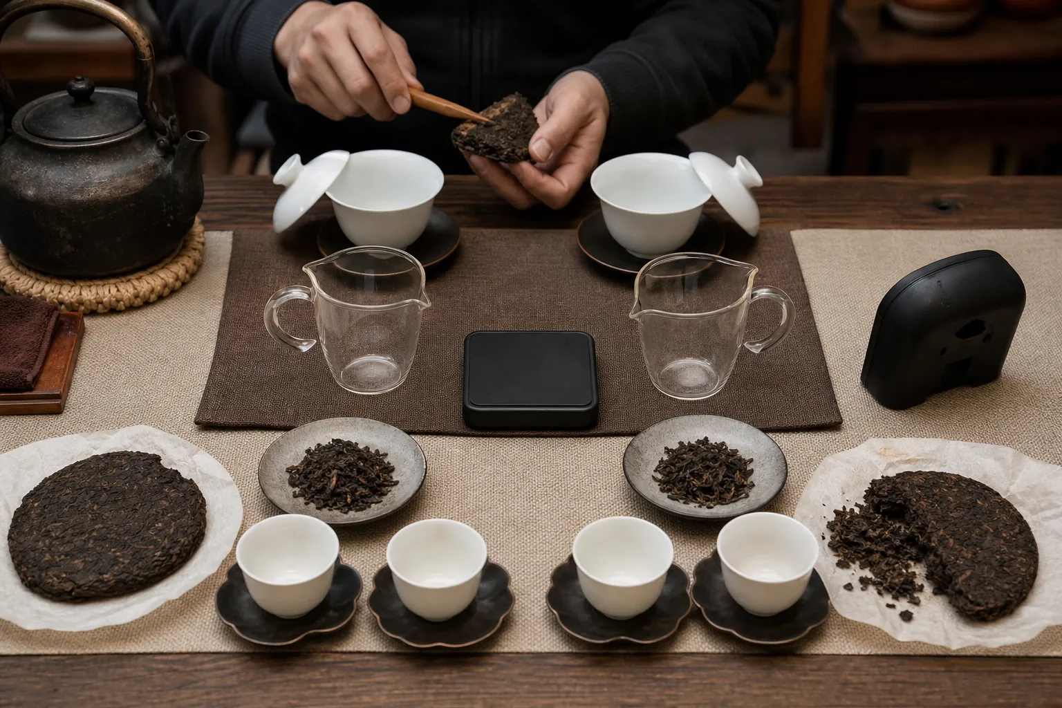 Short infusion tasting setup with compressed dark tea pieces, brewed leaves, and cups used to compare ripe pu-erh and Anhua dark tea fairly