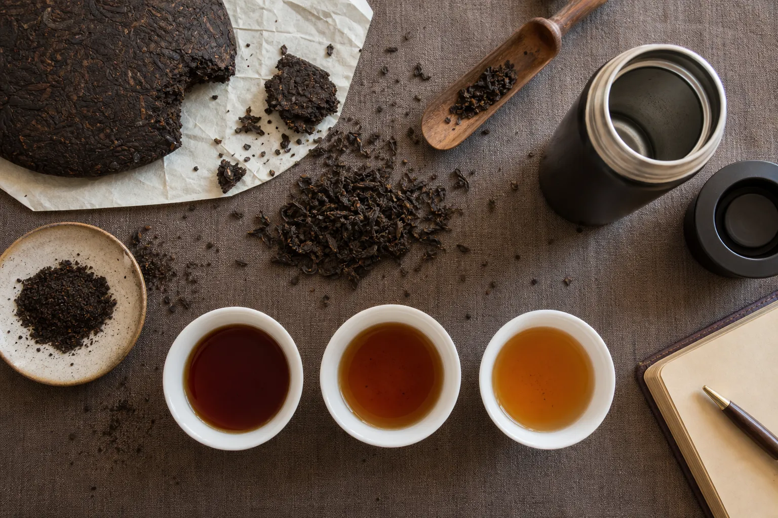 Broken compressed ripe pu-erh leaf beside loose dark tea and a travel thermos for judging dose and extraction