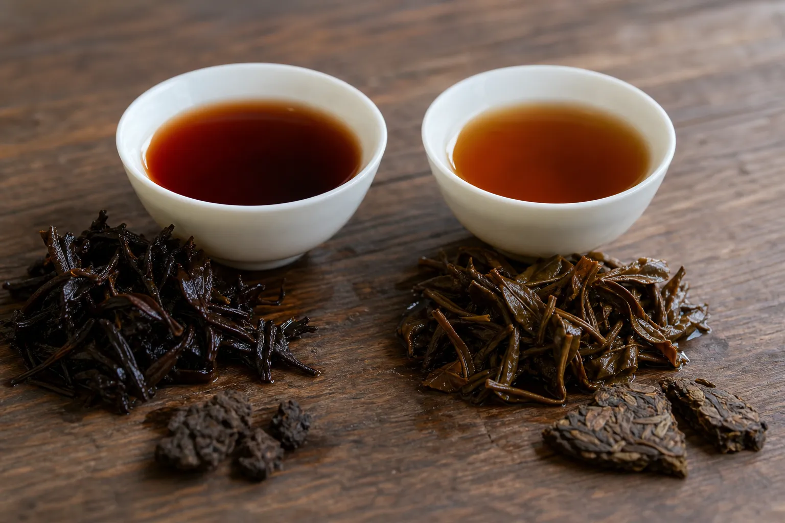 Two brewed dark teas compared in small cups with compressed leaf forms nearby