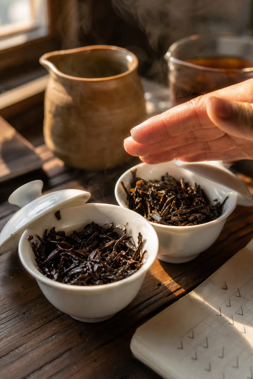 Wet dark tea leaves after rinsing used to compare pile aroma with storage notes