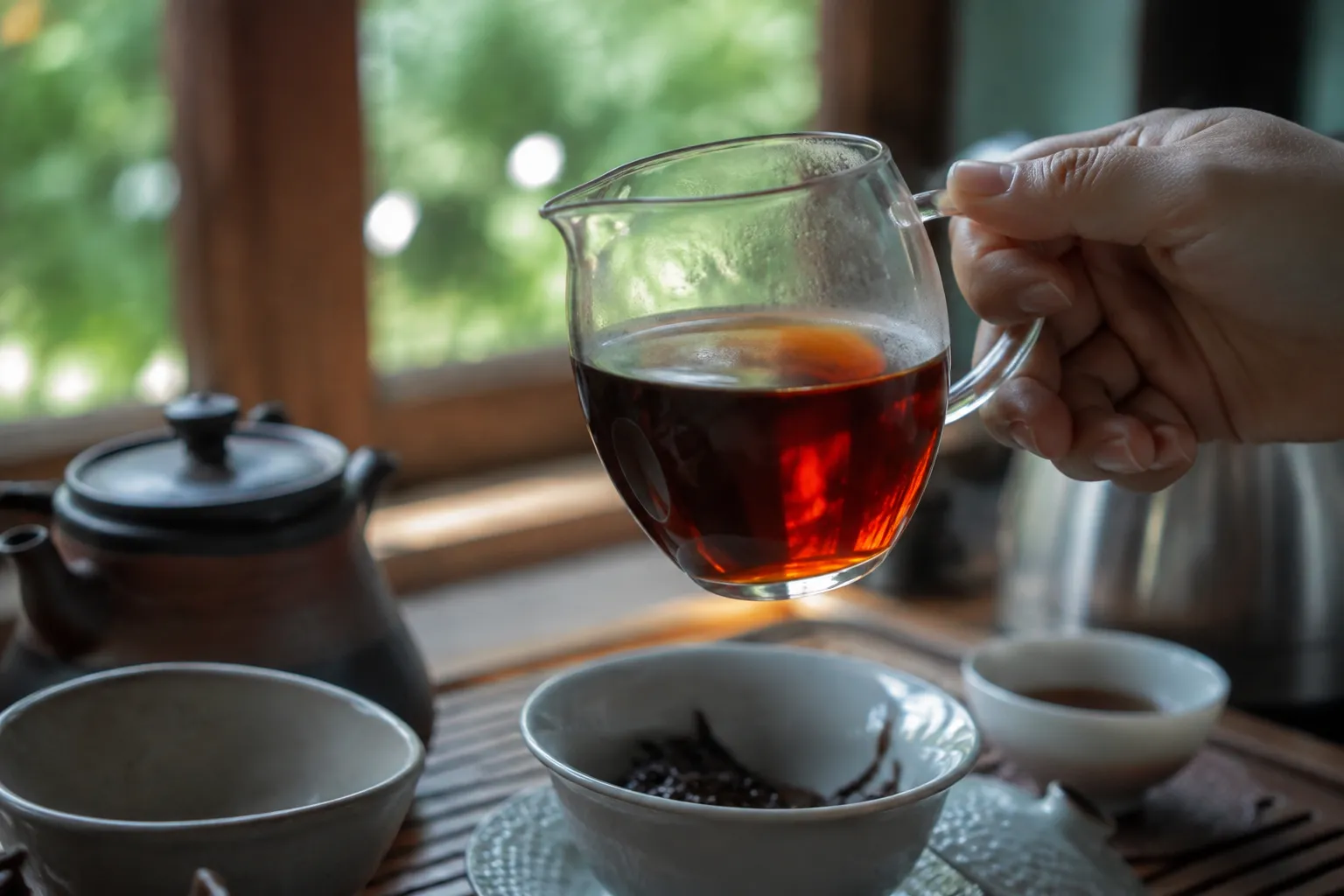 Dark tea liquor checked against light before adjusting the next infusion