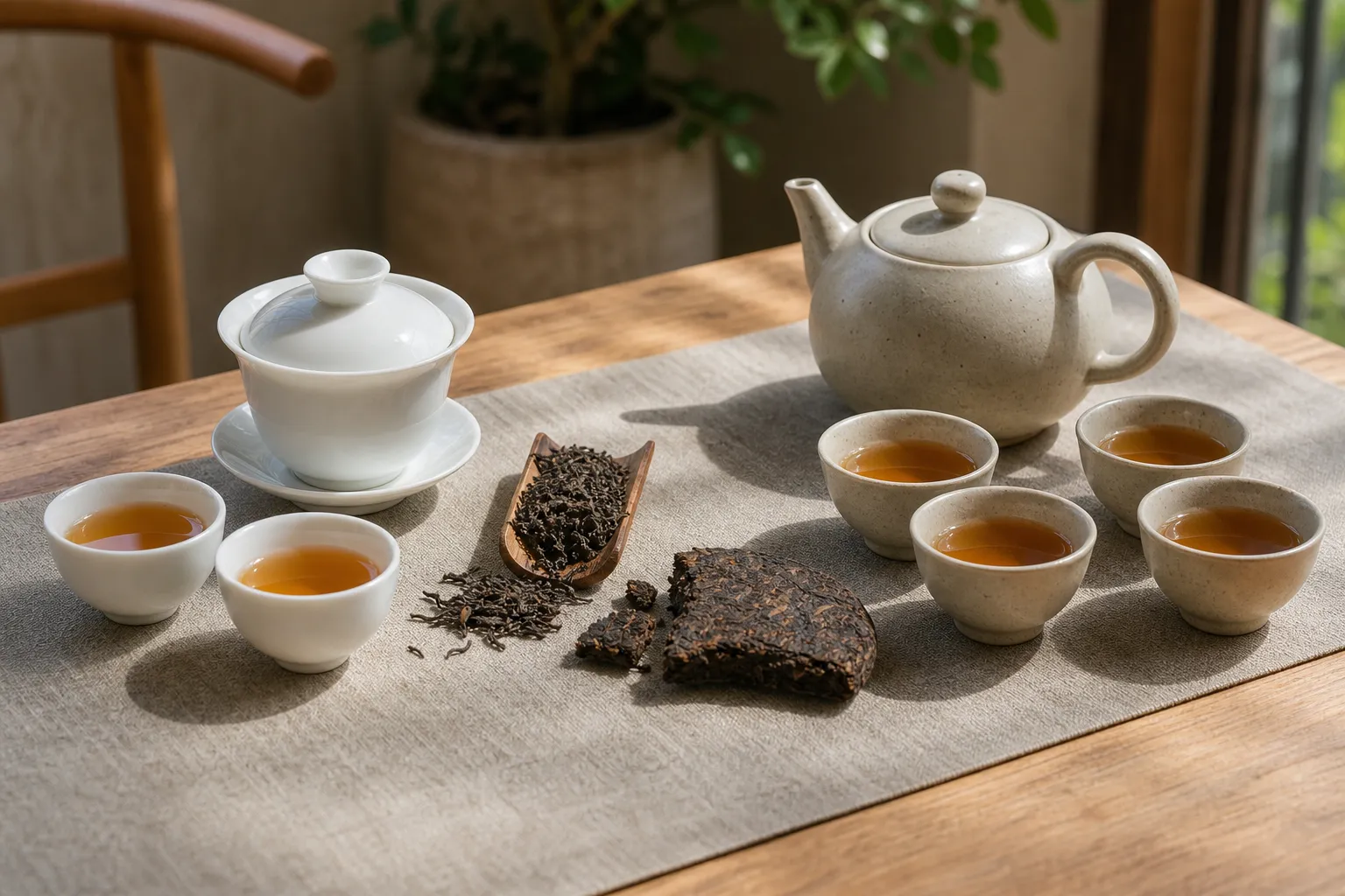 Small dark tea cups beside a gaiwan and a larger teapot showing two serving approaches