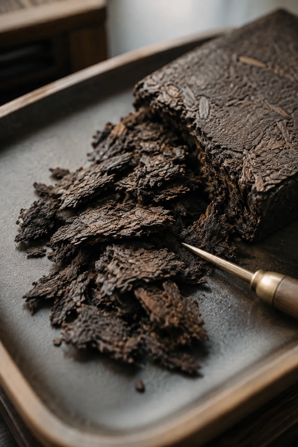 Small flakes and compact chips loosened from a compressed dark tea brick edge