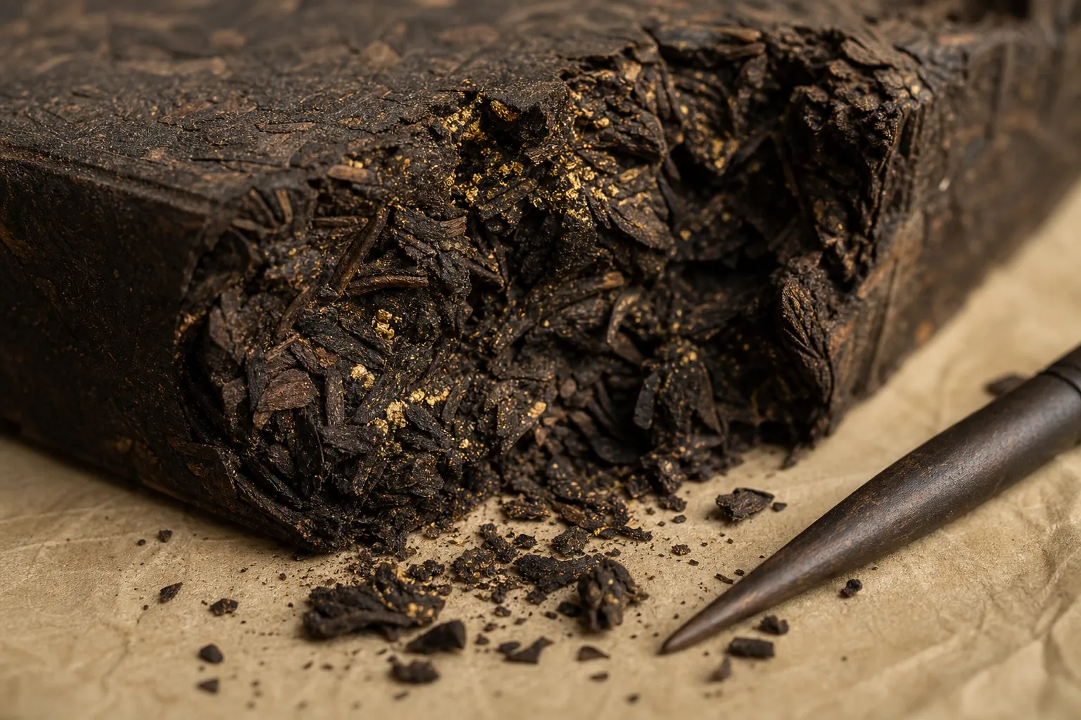 Broken Fu Brick Tea showing small yellow-gold specks embedded in the compressed dark tea material