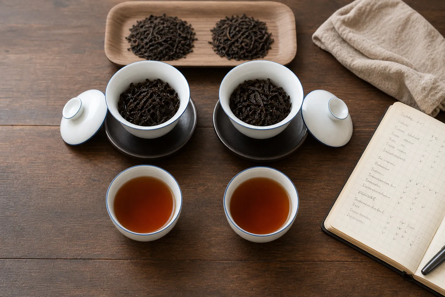 Two small brewing vessels and paired tasting notes set up to compare shu pu-erh and Liu Bao under the same conditions