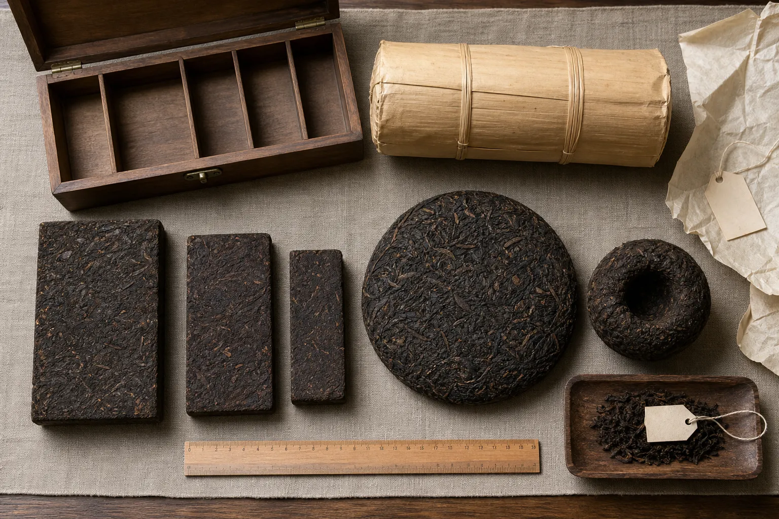 Different compressed dark tea forms shown together, including bricks, a cake, a tuo, and a larger roll