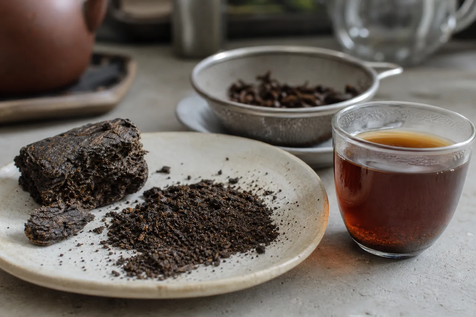 Dark tea brick crumbs, sediment, and a small brewed cup used to judge strength and clarity