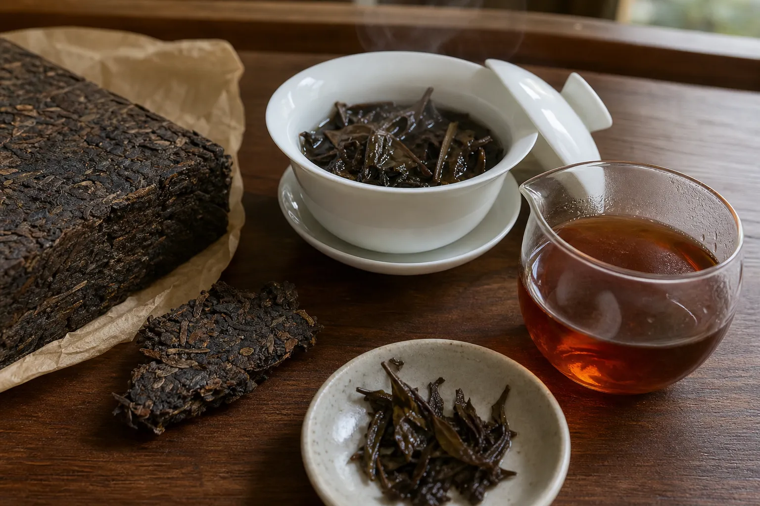 Small flake of Kang brick tea beside a gaiwan and dark amber tea liquor