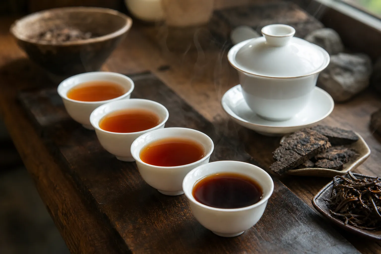 Dark tea cups showing different liquor colors beside broken tea pieces for aroma and extraction comparison