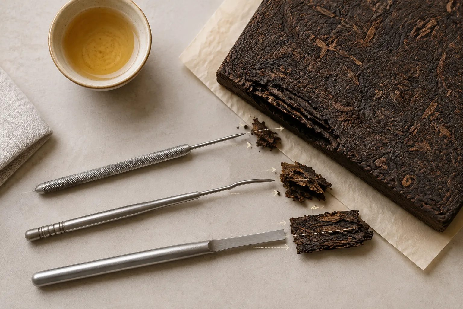 A tea needle, tea pick, and tea knife beside small flakes lifted from the edge of a compressed dark tea brick