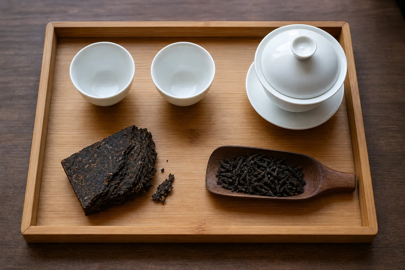 Compressed dark tea and loose dark tea prepared for comparison before brewing