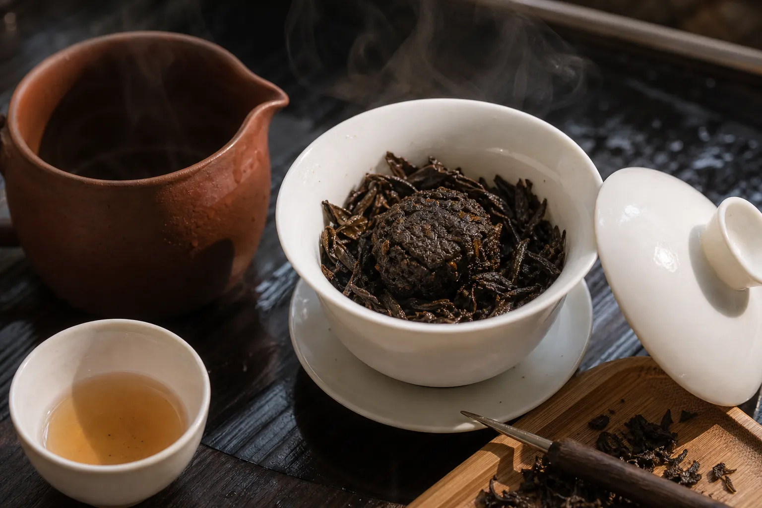 Broken compressed Anhua dark tea piece opening after a rinse