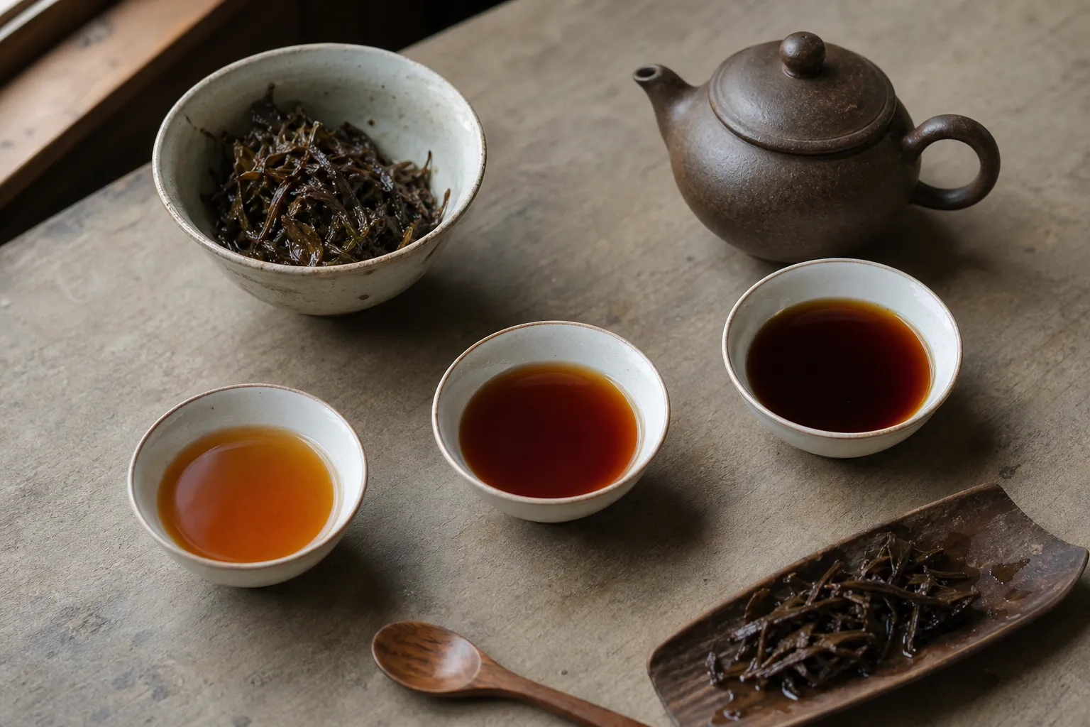 Dark tea cups showing different amber and brown liquor depths for judging extraction before the next steep