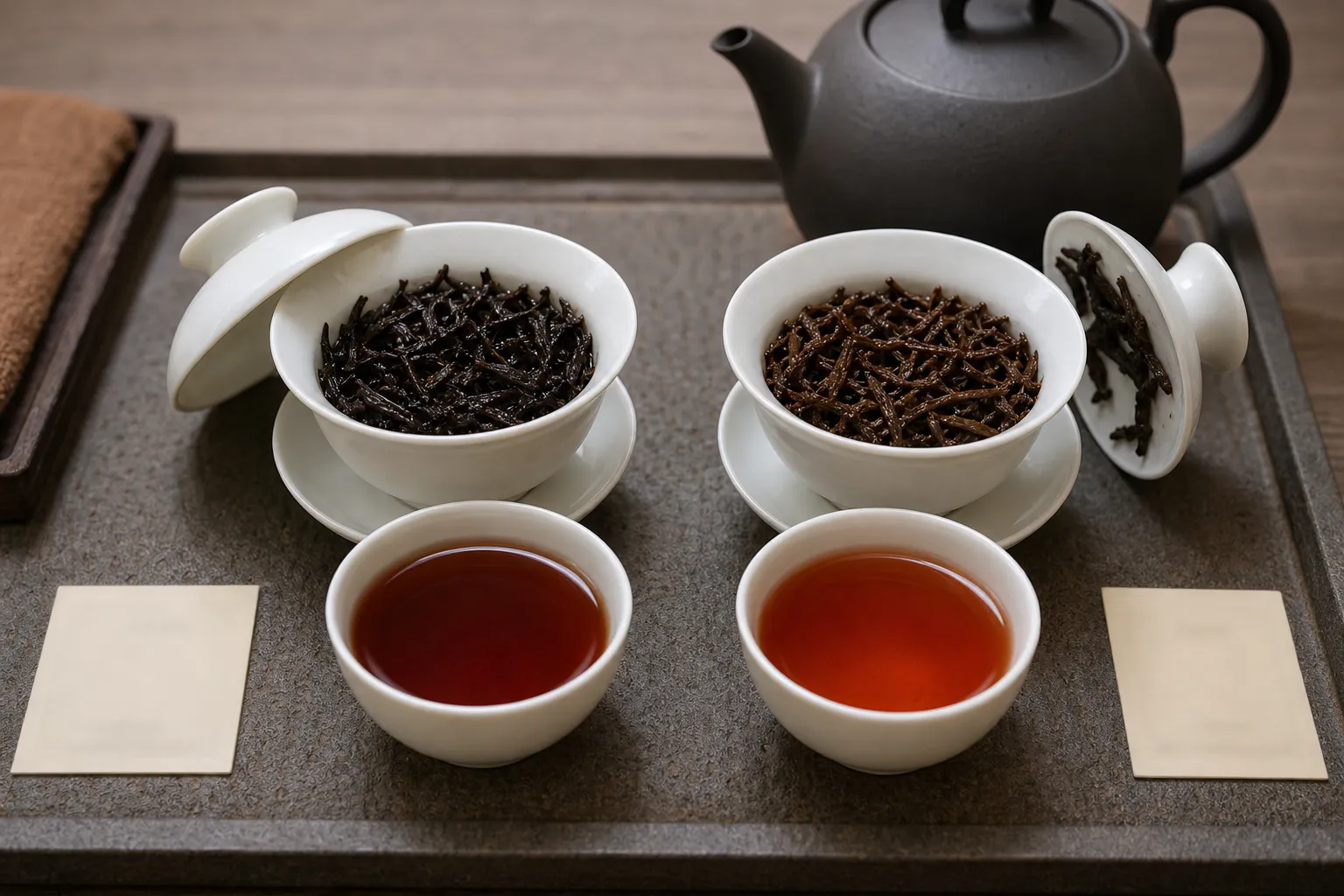 Side-by-side dark tea cups showing Liu Bao comparison cues such as liquor color, wet leaves, and brewed body