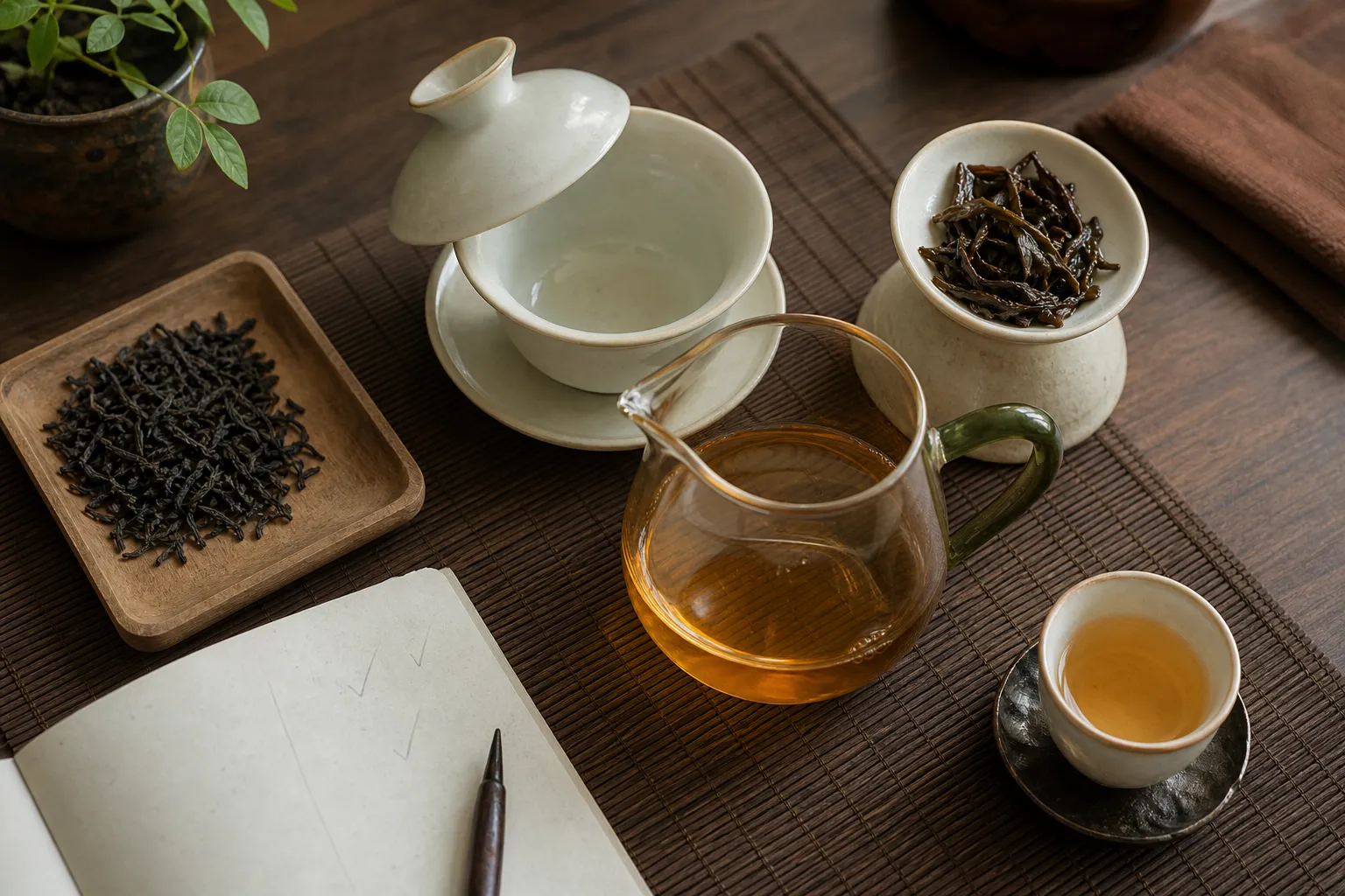 Dark tea leaves, first liquor, and tasting cup arranged for a controlled no-rinse check