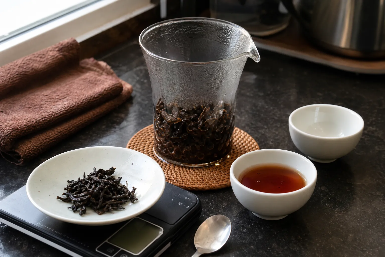 A gentle first dark tea brew with a small portion of leaf and dark liquor in a tasting cup