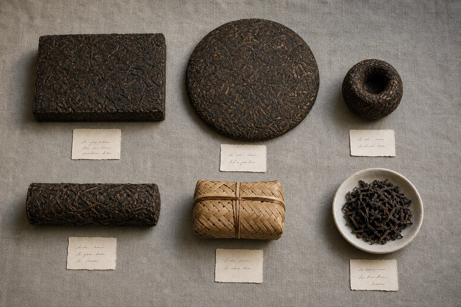 Compressed dark tea forms compared as brick cake tuo cylinder basket-packed and loose tea