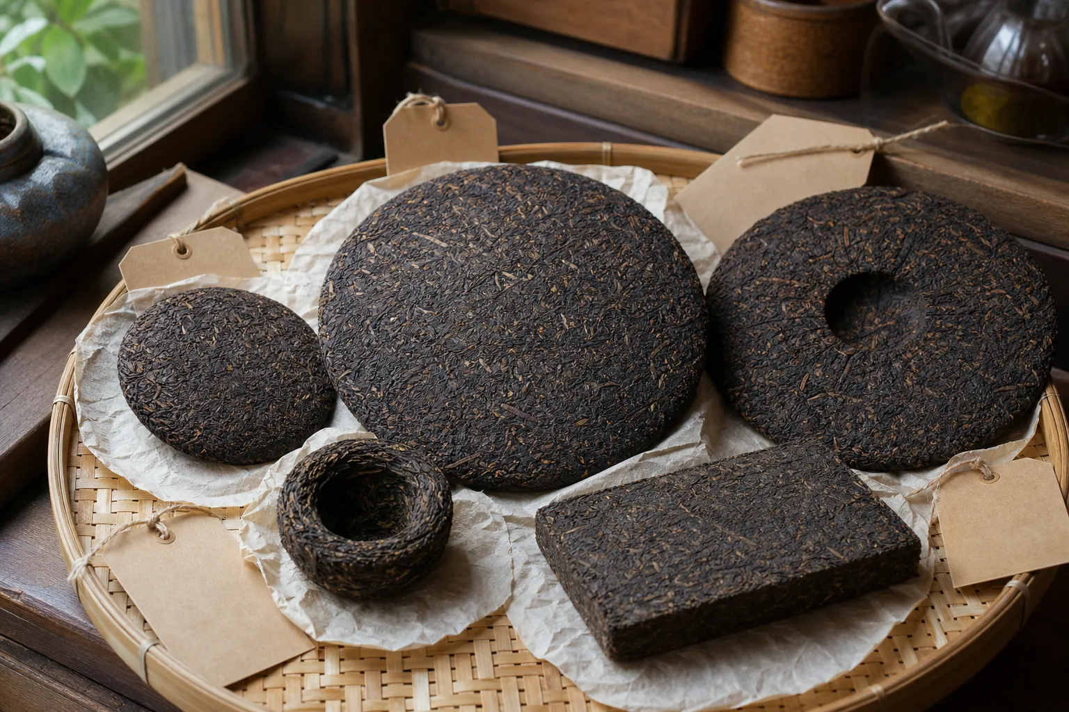 Different pressed dark tea forms beside a round pu-erh cake to show that 357g is common but not universal