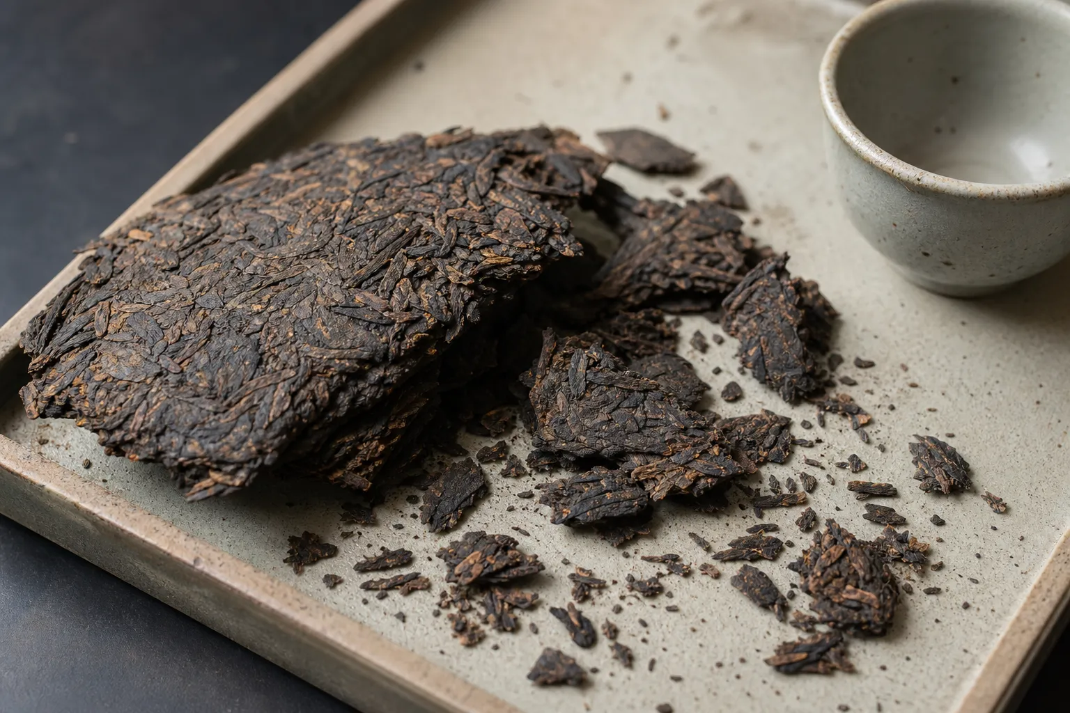 Broken flakes and fragments from a compressed aged dark tea ready for brewing and sensory checking